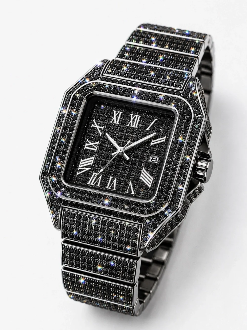 Black Simulated Diamond Bust Down Watch Stainless Steel Iced Out Roman Dial